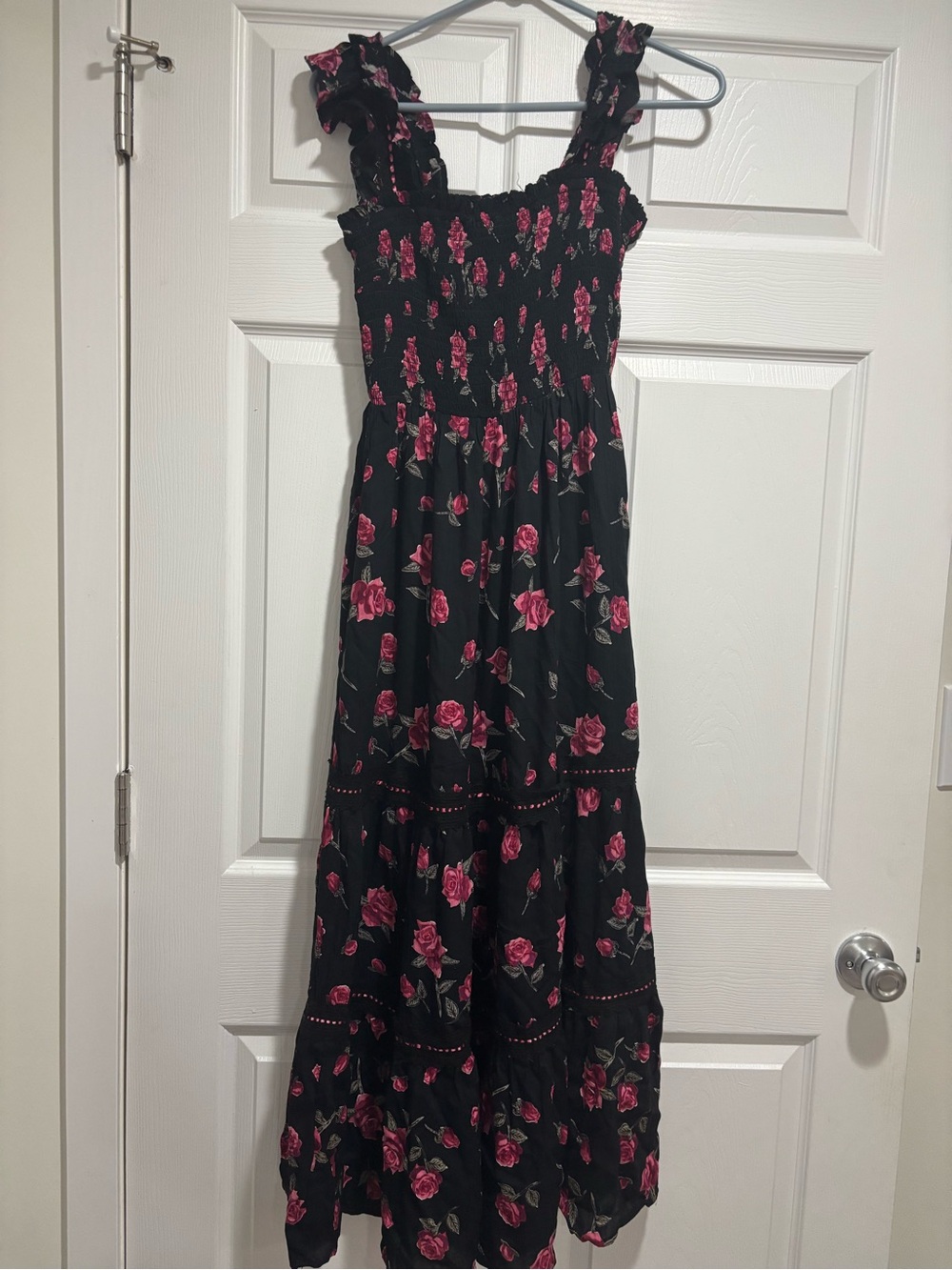 Black Maxi Dress with Pink Rose Print(has pockets)